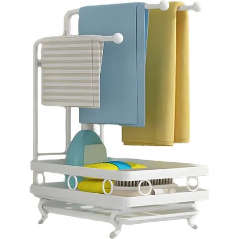 Heikoeco® Organiseur d'Evier, Organiseur de Cuisine en Métal, Organiseur de Salle de Bains avec Porte-éponge & 3 Porte-Lavons & Egouttoir Amovible, Rangement Extra Durable pour Cuisine (Blanc, Montage