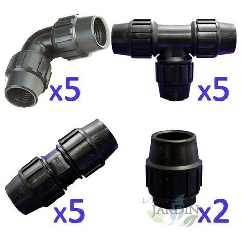 Lot Arrosage 20mm: 5 tés + 5 coude + 5 jonctions + 2 bouchons. Raccord en polyéthylène pour tuyaux agricole Accessoire et raccord goutte à goutte (1/5)