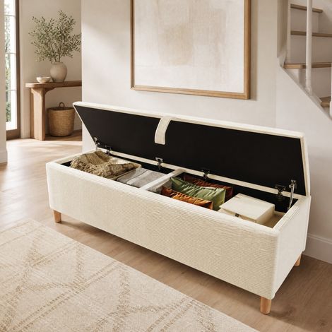 DESMIU Lit adulte 160 × 200 cm 2 places avec LED, rangement et banc coffre, avec matelas, beige (1/5)