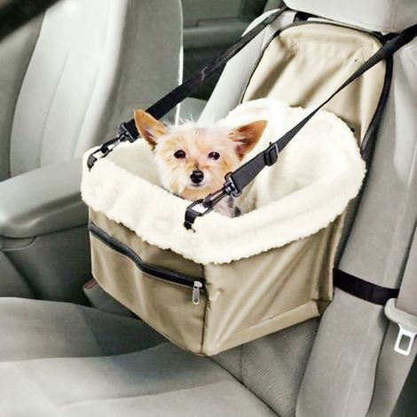 Cage de transport chien voiture étanche portable, siège surélevé avec harnais de sécurité clip et poche zip, housse auto pour animal (1/4)