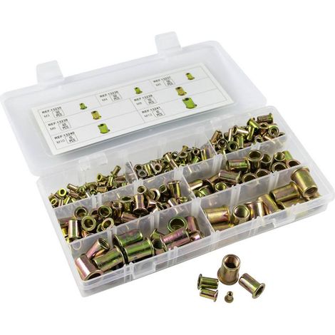 Assortiment de 235 inserts filetes ecrous rivets acier de 3 à 12 mm coffret (1/2)