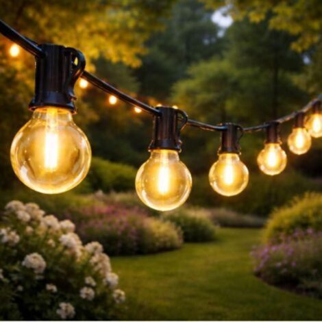 Guirlande Guinguette Exterieur 15m IP44 Lumiere Exterieur Pour Jardin Terrasse Avec Ampoules Remplacables Plastique LED Blanc Chaud Guirlande Lumineuse Exterieure Télécommandée (25 ampoules) (1/5)