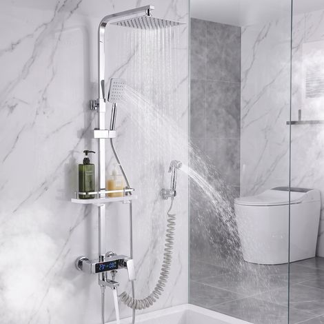 Colonne de douche thermostatique avec affichage digital — ensemble de douche chromé anti-calcaire, pommeau carré xxl, barre réglable aux normes européennes (1/5)