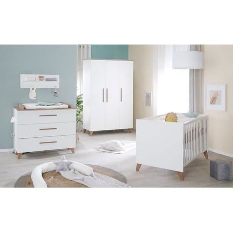Chambre bébé complete : Lit évolutif 70 x 140 cm + commode a langer + armoire 3 portes - OLE - ROBA - Chene foncé / Blanc