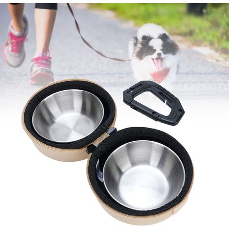 Bol Alimentaire Double pour Chien Voyage en Acier Inoxydable Rétractable avec Sac EVA et Clip - 2 Bols de 9cm pour Camping/Exterieur Khaki (1/5)