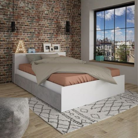 Letto francese 1566 con 4 cassettoni e comodini estraibili colore bianco e cemento