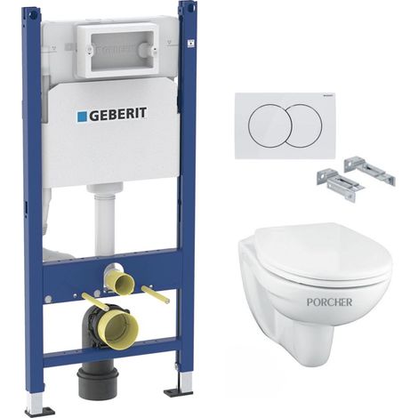 Pack WC Bati-support Geberit Duofix + Cuvette suspendue Porcher sans bride + Abattant Ideal Standard ASTOR + Plaque blanche (Por (1/5)