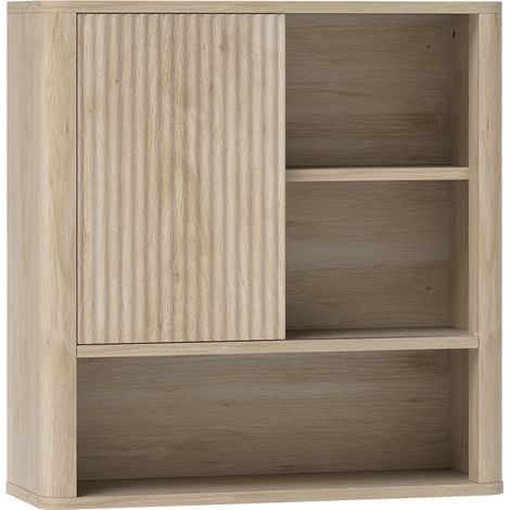 Armoire murale salle de bain bois naturel, étagères ajustables, porte coulissante, niches ouvertes, rangement mural pour salle d'eau. (1/5)
