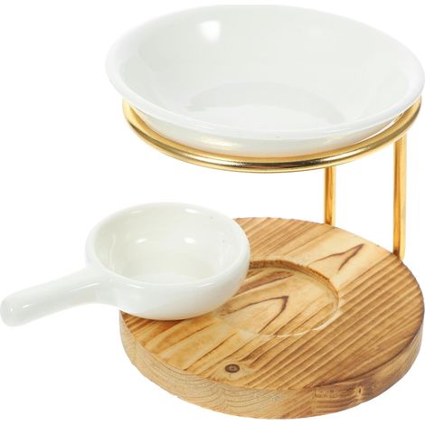 Brûleur de Parfum à Huiles Essentielles avec Support Bougie en Métal en Céramique et Base en Bois, Chauffe-Cire Élégant pour Bureau et Maison (1/5)