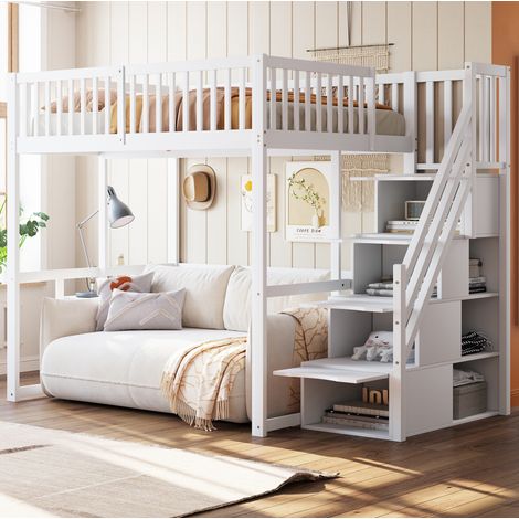 Lit mezzanine 140x200 cm bois blanc, escalier rangement, gain de place, sans matelas – MEUBLIV (1/5)