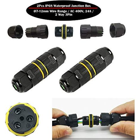 Waterproof Connector Box/ 2 pcs IP68 Waterproof Cable Connector/External Sheath Connector/Max Ø12mm Cable Connector/ Weatherproof Outdoor Connection Cable Socket (3 Pole) (1/5)