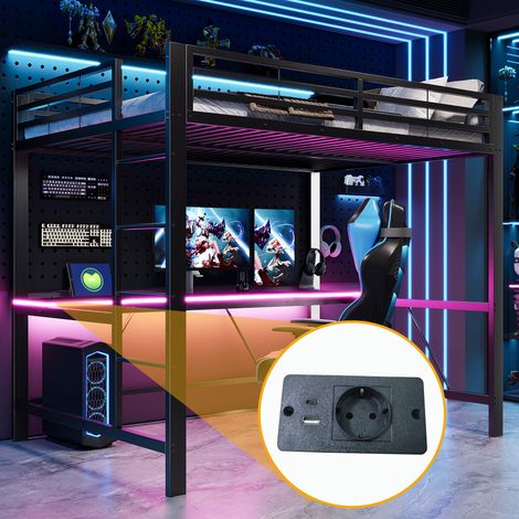 Cadre de lit mezzanine en métal gaming 140 x 200 avec éclairage LED, borne de recharge USB et bureau, noir (1/5)