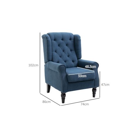 Fauteuil à oreilles bleu avec capitonnage, dossier haut, accoudoirs arrondis (1/5)