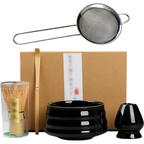 5 pièces accessoire de matcha, bol céramique 500 ml avec bec verseur, fouet bambou, support, cuillère bambou et tamis inox (1/5)