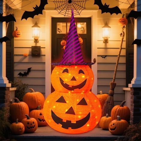 Dekorative Halloween-Laterne mit LED-Licht – 95 cm – Halloween-Dekoration mit 8 Modi – Faltbarer Kürbis – Außendekoration mit Gesicht – Halloween-Dekoration – Kürbislaterne (1/5)