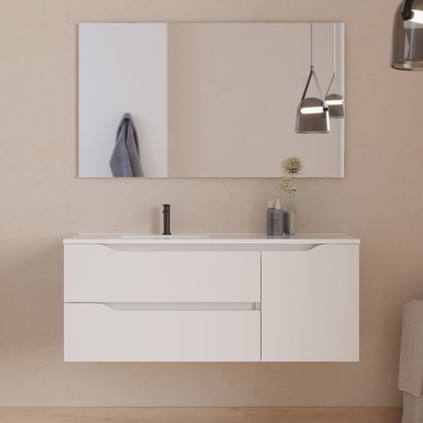 Meuble de salle de bain 120cm avec vasque déportée à gauche et miroir - 2 tiroirs et un placard - blanc - ZARZA (1/5)