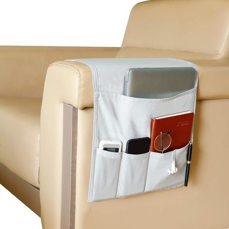 Organisateur de canapé et fauteuil, support de télécommande, chariot de bras de canapé avec 5 poches, sac de rangement suspendu pour magazines, livres, lunettes, gris (1/5)
