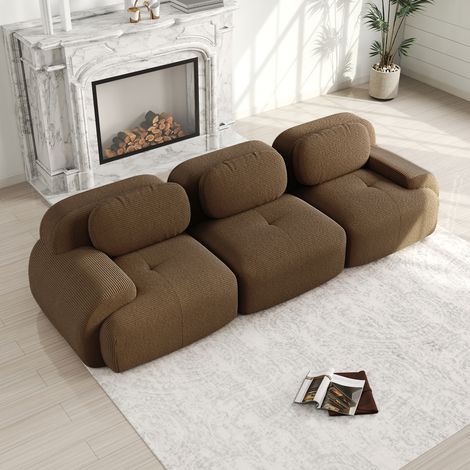 Canapé 3 places velours côtelé premium, démontable sans armature, modulaire, antidérapant, livré assemblé, accoudoirs confortables, tissu extensible, parfait pour séjour et chambre, brun. (1/5)
