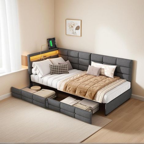 Schlafsofa Einzelbett mit Schubladen, USB und LED-Licht, grau, 90x200cm (1/5)