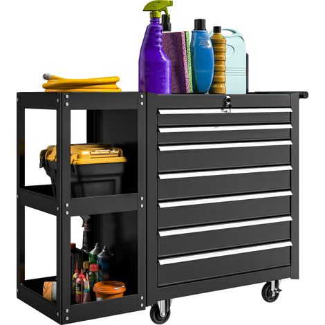 HOMCOM carro de herramientas con 7 cajones, carro de taller con estantería de 3 niveles desmontable, sistema de cierre central, asa, negro