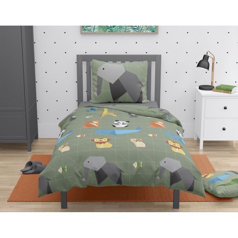 Parure de lit enfant 140x200 cm en coton 57 fils – Housse de couette avec boutons dissimulés – Taie carrée double face 63x63 cm – Roupillon