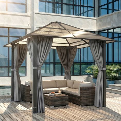 Tonnelle de Jardin Extérieur 3x3m en Aluminium Robuste et Imperméable ｜ avec Parois Latérales ｜ Toit Transparent Anti-UV ｜ Pergola pour Cour, Jardin, Terrasse et Plus Encore, Gris