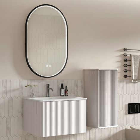 Conjunto de baño suspendido 60 cm con lavabo, columna lateral y espejo LED blanco (1/5)