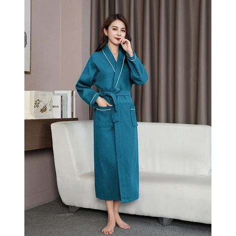 Peignoir Femme 100% Coton Doux Chaud Col V Robe de Chambre Maison Spa Nuit (1/2)