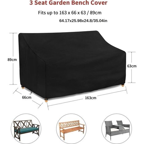 Housse Banc de Jardin 3 Places 163x66x63/89cm Noir Imperméable, Housse Canape de jardin Exterieur, housse salon jardin Tissu Oxford, Coupe-Vent, Anti-UV, avec Boucle (1/5)