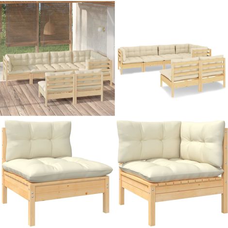7-tlg. Garten-Lounge-Set mit Creme Kissen Massivholz Kiefer - Garten Lounge Set - Esszimmergarnitur - Outdoor Möbel - Gartenmöbel - Rattan Sessel - Home & Living (1/5)