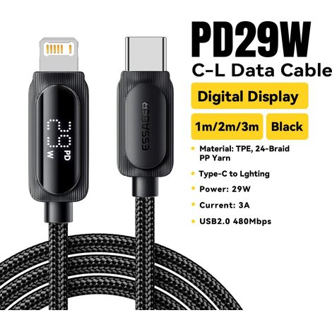 Câble USB Type-C PD 20 W pour iPhone 14, 13, 12 Pro, X et 8. Câble de charge rapide USB-C pour iPhone. Câble USB Type-C 29 W noir. (1/5)