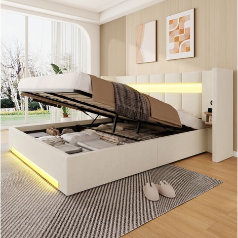Cama tapizada moderna de terciopelo beige 160x200 cm con cabecero ancho, USB, LED y arcón hidráulico