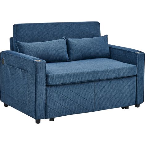 Canapé-lit 2 places convertible bleu marine en tissu avec ports USB, design minimaliste, structure bois, transformable en couchage pratique CHICFURN (1/5)