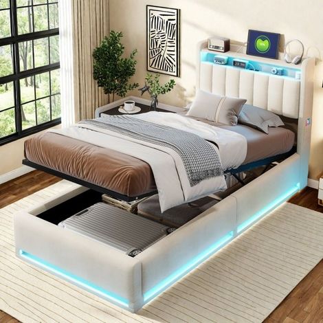 Cama con arcón 90x200 cm, Cama 90x200 cm, Cama individual 90x200 cm con somier, Carga USB Tipo-C, Arcón de almacenamiento, LED, Terciopelo, Beige (1/3)