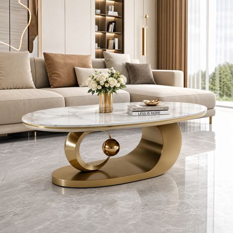 Sideboard 120/67/45 cm in Weiß und Gold, ovaler Tisch in Marmoroptik (1/5)