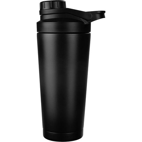 Shaker per proteine da 750 ml in acciaio inox isolato, silenzioso e senza BPA, ideale per frullati proteici. Filtro a rete misto incluso. Perfetto per la palestra.