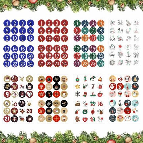 Autre décoration pour Noël，Autocollants Calendrier, 8 x 24 Chiffres Autocollants Noël pour Calendrier de l'Avent, Numéro Gommettes Noël, Autocollants Calendrier pour Cadeaux de Bricolage, Décoration N (1/3)