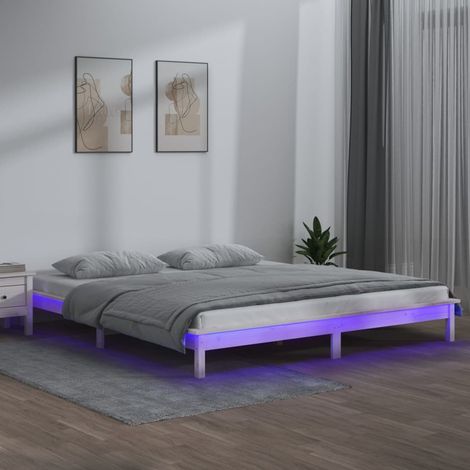 Lit double pour adulte Cadre de lit - à LED Blanc 140x200 cm Bois massif BV973561 - BonneVie (1/5)