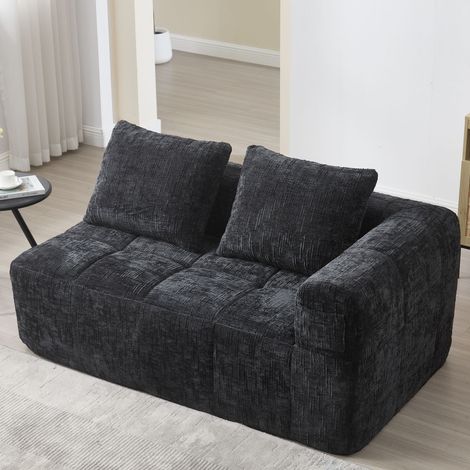 Bequemes Sofa für 2 Personen, kein Zusammenbau erforderlich, flauschiges Sofa mit einem Kissen, Seitentaschen für Fernbedienung und Handy, ordentlich und stilvoll, Schwarz