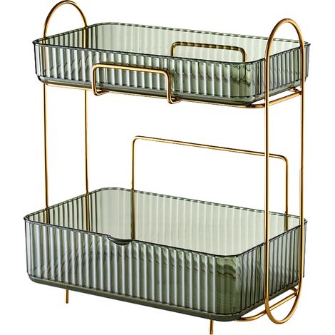 Lot 2 étagères Organisateur de Comptoir Salle de Bains avec Tiroir Amovible, Grande Capacité Étagère de Rangement Maquillage pour Comptoir Chambre, Vert Luxe Clair (1/5)