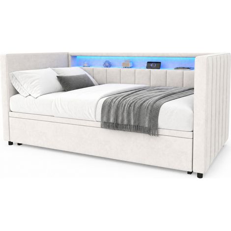 Canapé-lit 90 x 190 cm extensible avec LED, port USB Type-C et rangement, revêtement velours beige, structure bois et métal, pour chambre ou salon - CHICFURN (1/5)