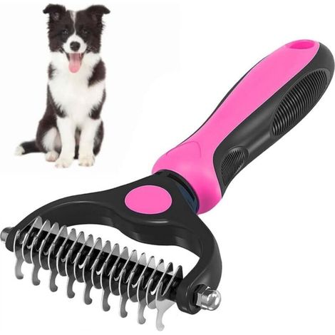 Professional Dog and Cat Brush, Long Hair Dog Brush, Dog Grooming Rake, Double-Sided Teeth, Removes Knots, Mats, and Tangles - Pink