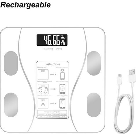 Balance numérique de salle de bain avec Bluetooth, pèse-personne impédancemètre, rechargeable, blanche (1/4)