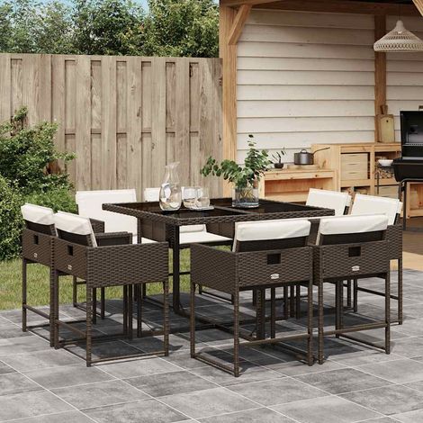 Set comedor para jardín 9 pzas y cojines ratán sintético marrón