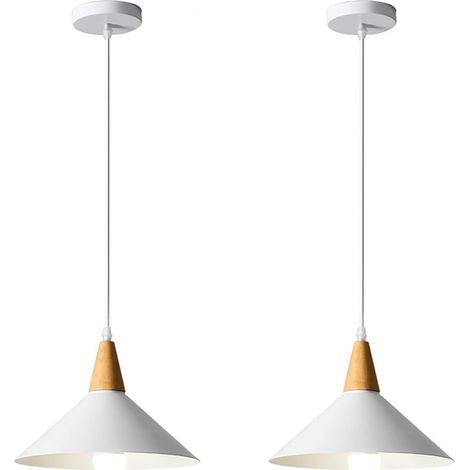 GROOFOO Lots de 2 Suspension Luminaire Rétro E27 Lustre Plafonnier Industriel Moderne Abat-jour en Métal Bois Lampes Suspendues pour Cuisine Salle à Manger Chambre Café,Blanc(25cm) (1/5)