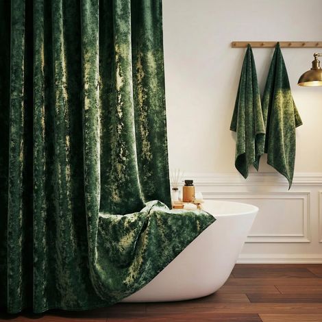 Rideau de Douche en Velours écrasé avec 12 Crochets dorés Rideau de Douche en Tissu épais imperméable pour Salle de Bain Vert foncé 183 x 183 cm (1/5)