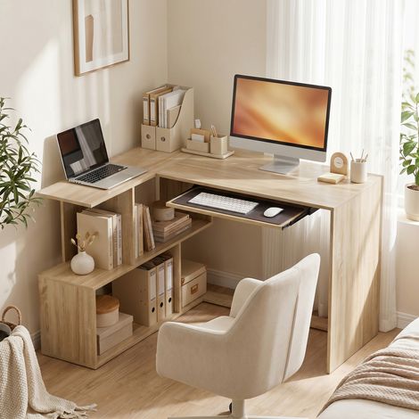 Bureau d'Angle, 120 x 100 x 76 cm, Bureau Informatique en L avec Plateau de Clavier, 4 Compartiments Ouverts, Naturel (1/5)