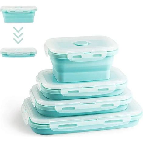 Boîtes de conservation alimentaire - Silicone pliable - Compatibles micro-ondes et réfrigérateur - Lot de 4 (350 ml, 500 ml, 800 ml, 1200 ml) - Bleu (1/5)
