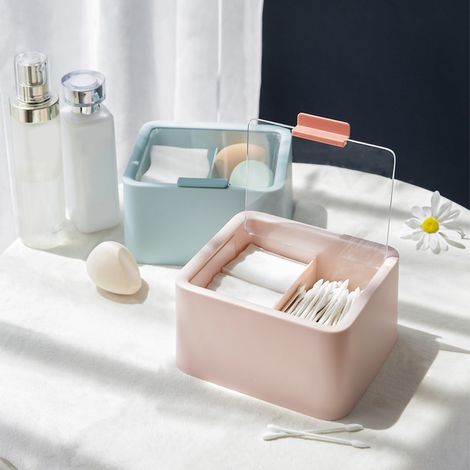 [Make-up-Organizer] Staubdichte, transparente Kunststoffbox mit zwei Fächern und Deckel für Wattebällchen, Wattestäbchen und Zahnseide, rosa