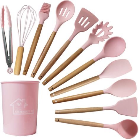 Ustensiles De Cuisine En Silicone - Manche Bois - Résistant Jusqu'à 230 °C - Pour Poêles Antiadhésives - Ensemble De 6 Pièces (1/5)